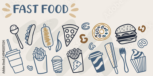 Colorful illustration depicting various popular fast food items and desserts