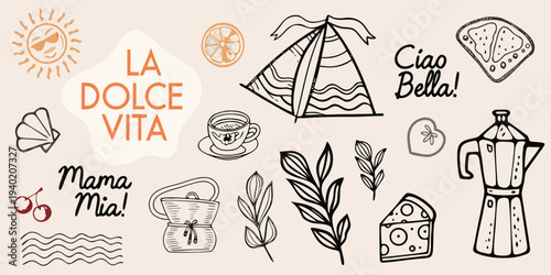 A collection of italian themed doodle illustrations in black and white