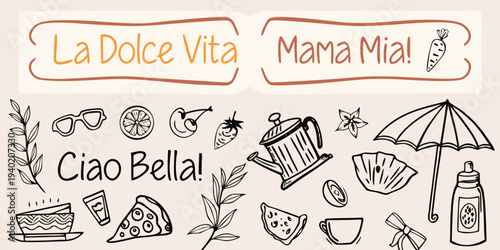 Italian themed doodle illustration with phrases and travel elements