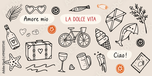 Whimsical italian themed doodles including hearts fish and travel items