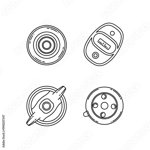 Set of four different fishing reel spool designs line art illustration.