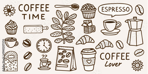 A charming collection of hand drawn coffee and pastry illustrations