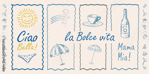 Italian themed illustrations with sun coffee beach items and text
