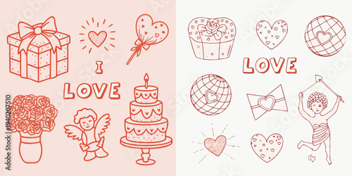 Hand drawn illustrations of love themed gifts hearts and celebratory items