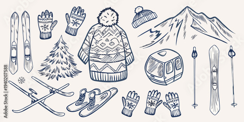 Hand drawn winter sports equipment and apparel arranged in a playful composition
