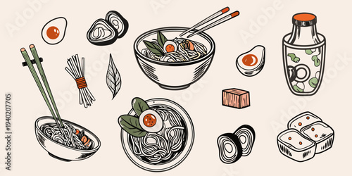 A colorful illustration of ramen eggs and various asian food elements