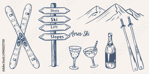 Skiing themed sketch with directional signs equipment and celebratory items