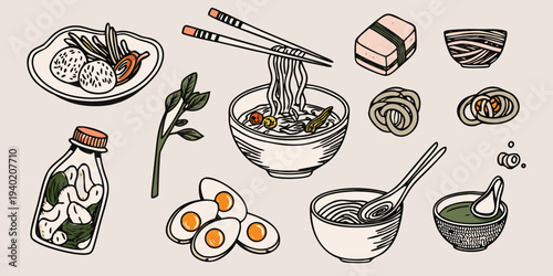 Hand drawn illustration of japanese ramen eggs and pickled vegetables