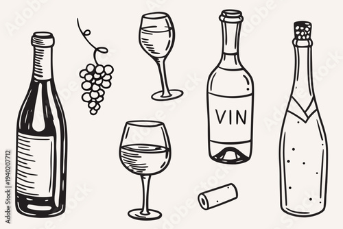 A collection of hand drawn wine bottles glasses and grapes