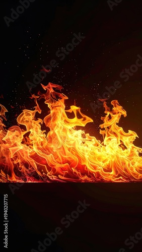 Vibrant orange and yellow flames passionately rise against a dark backdrop.