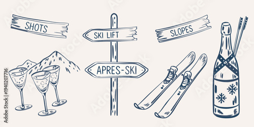A collection of hand drawn ski resort elements and celebratory items