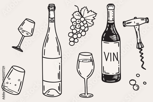 Hand drawn illustration featuring wine bottles glasses grapes and a corkscrew