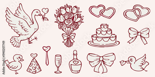 Romantic doodle set featuring a swan flowers cake and love symbols