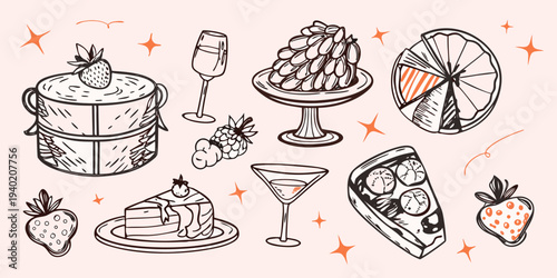 A collection of hand drawn desserts and celebratory drinks on pink