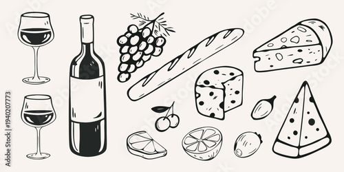 A charming hand drawn illustration of wine cheese and fruit