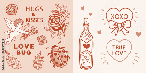 Valentine s day themed doodles with hearts roses and cupid s arrow