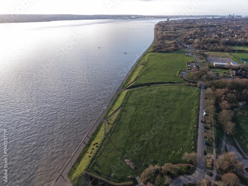 Aerial View of Otter spool Promenade Liverpool, detailing the River Mersey and surrounding grasslands.