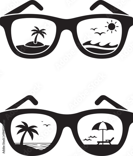 Sunglasses reflecting tropical scenes of beaches palm trees and sunshine