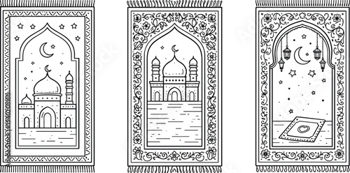 Islamic prayer rug illustration set, mosque crescent moon stars lanterns, Ramadan Eid Mubarak coloring page, Arabic pattern line art vector