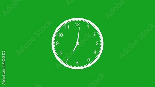Analog clock animation on green screen background showing fast time progression in motion