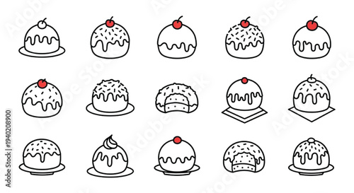 Snowball Cake Line Icons Set,  Dessert Outline Collection Sweet Bakery Vector Illustration