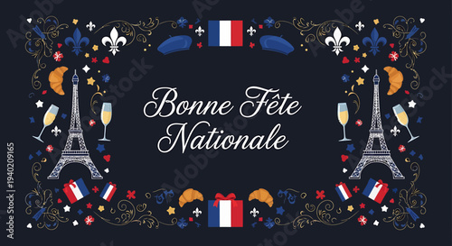 Bonne Fete Nationale - A Celebratory Greeting for France's National Day with Iconic French Symbols