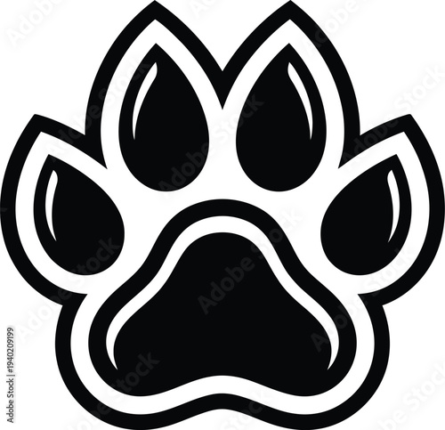 Stylized black and white paw print icon designed for pet-related branding and merchandise
