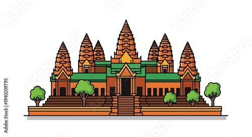 Illustration of a traditional Khmer temple with multiple towers and green trees on a white background.