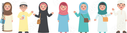 Muslim family cartoon characters, Islamic people illustration, diverse hijab women and man, flat design, friendly community, cultural clothing vector