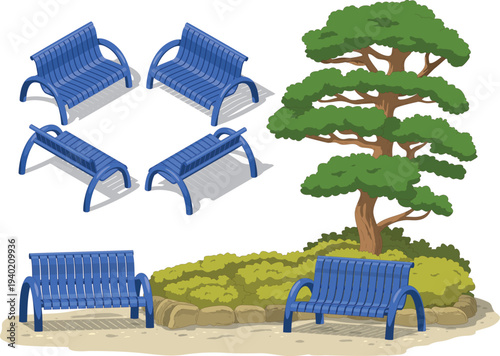 Blue metal park benches with curved design, armrests, and slatted seating, shown in different views. Landscaped area features a tree, green foliage, and a stone border around grass and shrubs.