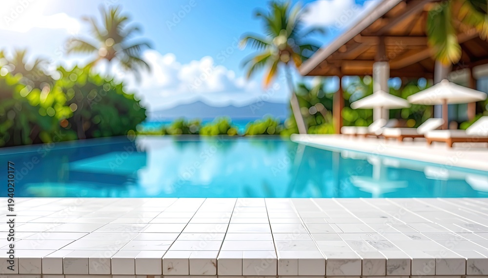 Fototapeta premium Tropical infinity pool terrace overlooking blue ocean and mountains.