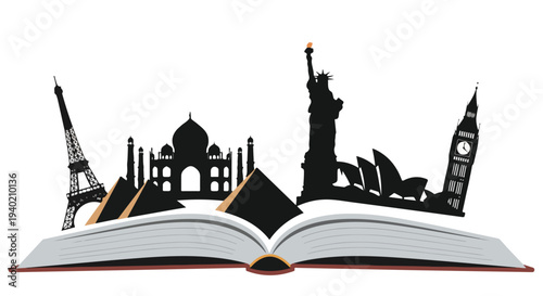 Illustration of famous landmarks from around the world emerging from an open book on a white background with a flat design.