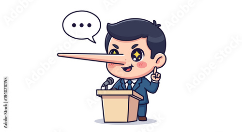 Cartoon businessman with a long nose giving a speech at a podium with a speech bubble against a plain white background.