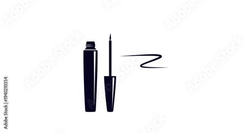 Liquid eyeliner bottle and applicator drawing two short black lines, makeup testing concept, isolated white background.