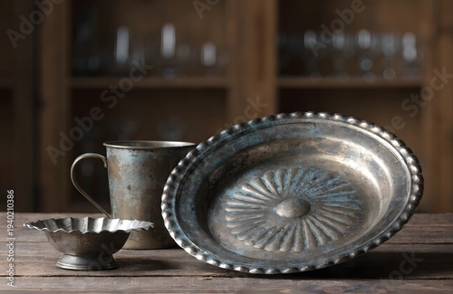 Vintage Metal Tableware Set on Rustic Wooden Table – Antique Plate, Bowl and Cup Still Life