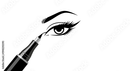 Eyeliner pen creating a sharp winged line on a beautiful eye with long lashes, cosmetic application, isolated white background.