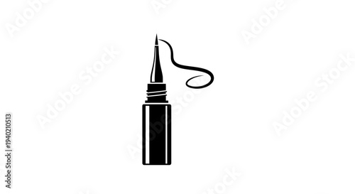 Liquid eyeliner bottle with brush drawing a wavy line, beauty cosmetic product, isolated white background.