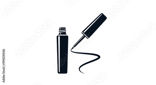 Open liquid eyeliner bottle with brush extended drawing a line, beauty cosmetic product, isolated white background.