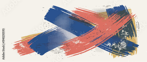 Distressed rise graph print texture background with halftone bold brush strokes. Vintage graphic riso print background with linocut stamp texture. Hand drawn trendy printmaking bg.