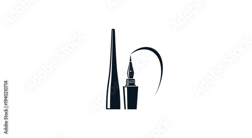 Eyeliner Bottle with Brush Applicator and Elegant Curved Line on Isolated White Background