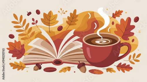 Autumnal scene with steaming cup of coffee and open book surrounded by colorful fall leaves on beige background