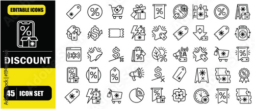 Discount Outline Icon Set, Price Tags, Promotion, Sale, Special Offers, Retail Deals, Editable Line Vector Illustration for Web and App