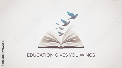 Inspirational education concept with birds flying out of an open book on a light background