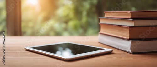 Wallpaper Mural Tablet Resting on Desk with Books in Sunlit Background Torontodigital.ca