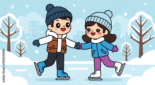 Cartoon illustration of a boy and girl ice skating hand-in-hand on a snowy frozen pond with bare trees and buildings in the background, wearing winter clothing.