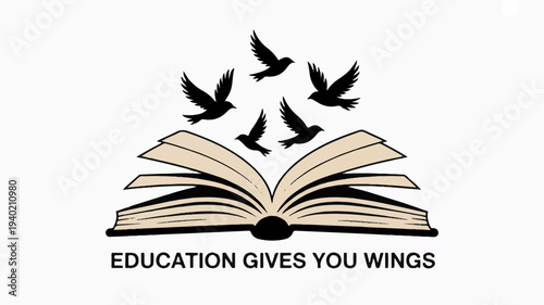 Education concept with open book and flying birds symbolizing freedom and learning