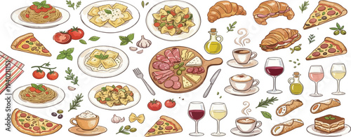 Doodle sketch Italian brunch food illustration. Hand drawn dinner, brunch and breakfast clip art. La dolce vita - sweet life in Italian. Retro crayon drawn pasta, wine, pizza, charcuterie and coffee.