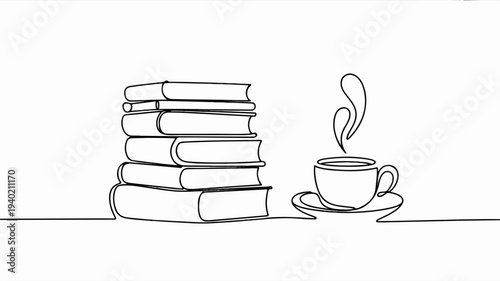 Stack of books with steaming cup of coffee on a table simple line drawing minimalistic study concept with hot beverage
