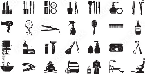 A comprehensive collection of black and white icons representing beauty and cosmetic products, including makeup, skincare, and hairdressing tools, perfect for websites, apps, and design projects.
