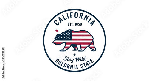 Graphic illustration of a California state bear emblem with American flag pattern and 'Stay Wild' text on a white background.